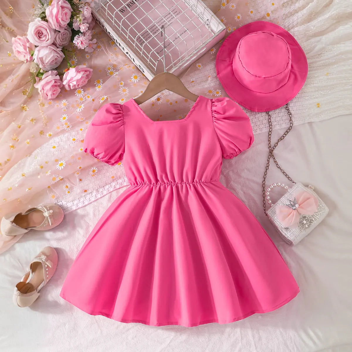 Girls Pink Pleated Fit & Flare Dress With Puff Sleeves Casual Dresses