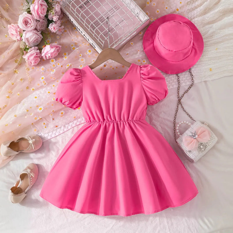 Girls Pink Pleated Fit & Flare Dress With Puff Sleeves Casual Dresses