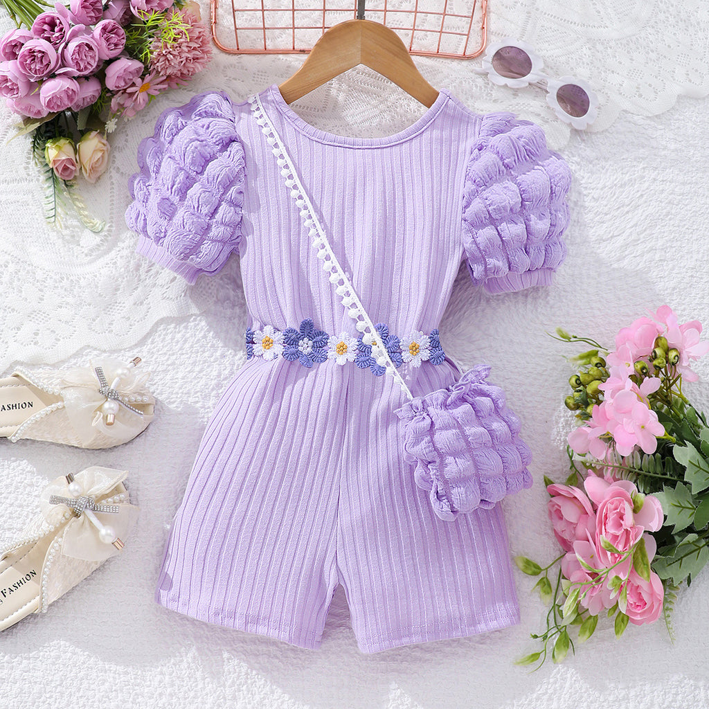 Girls Purple Ribbed Above Knee Length Jumpsuit with Sling Bag Jumpsuits Purple 2-3 Y