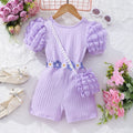 Girls Purple Ribbed Above Knee Length Jumpsuit with Sling Bag Jumpsuits Purple 2-3 Y