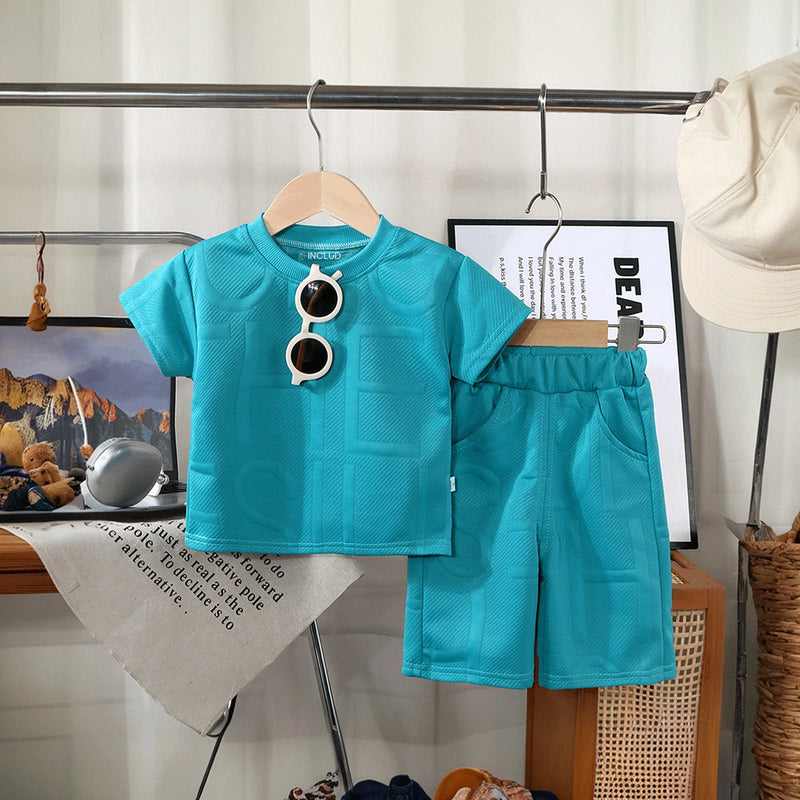 Boys Blue Embossed Print Short Sleeve T-Shirt With Shorts Sets 2 pc. Sets Blue 1-2 Y