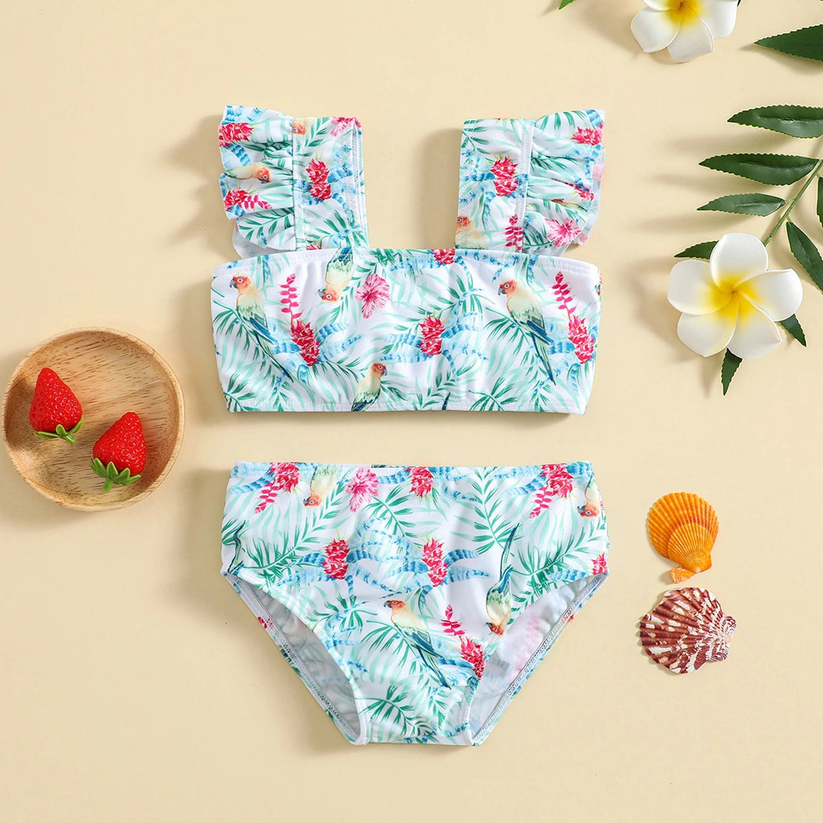 Girls Light Green Parrot Printed Sleeveless Top With Briefs Swimwear Sets Sets Light Green 1-2 Y