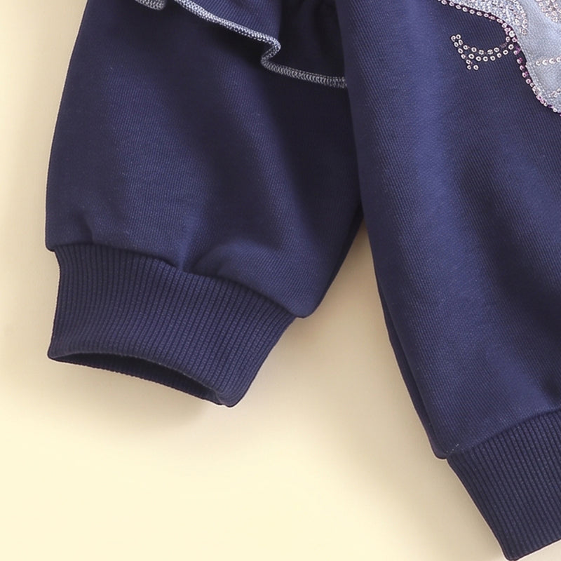 Girls Navy Butterfly Embellished Sweatshirt & Denim Pants Sets Sets