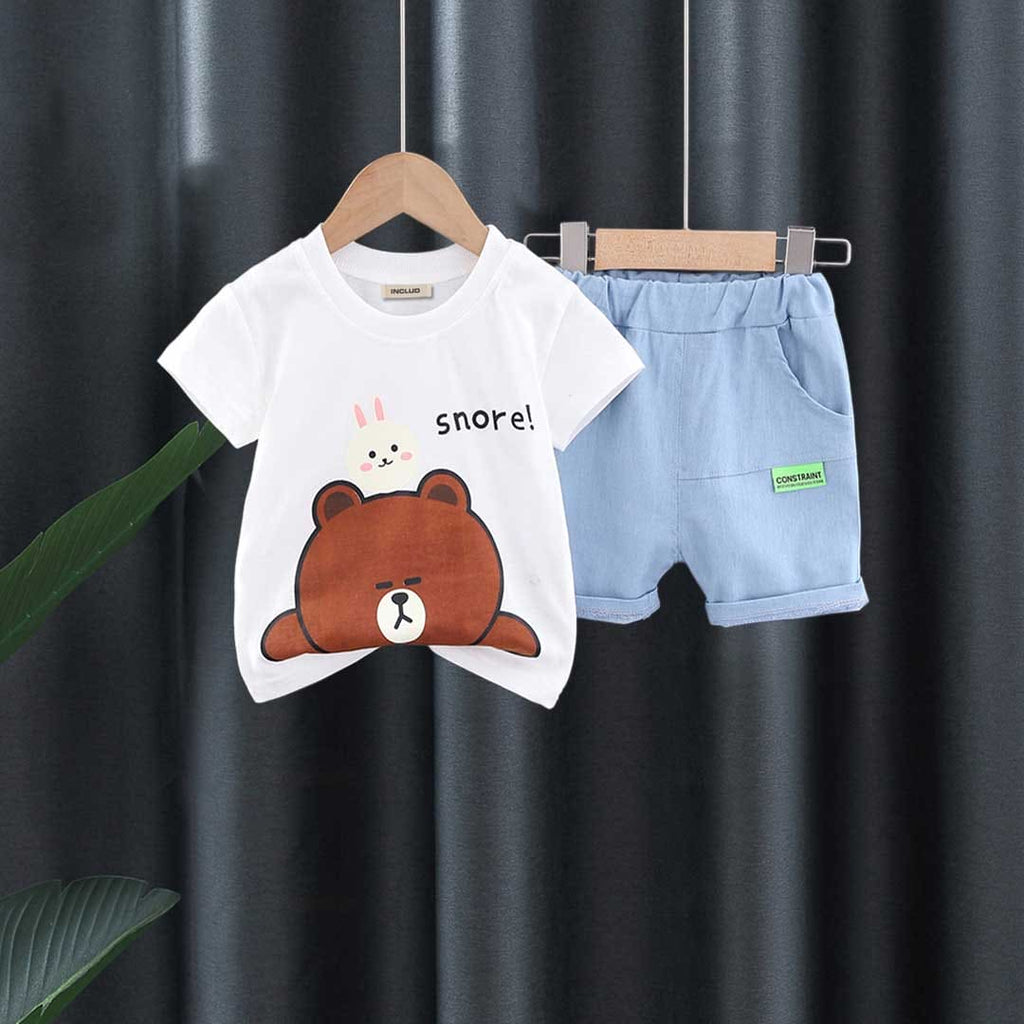 Boys Teddy Printed T-shirt with Denim Shorts Set