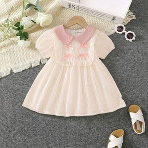 Girls Apricot Textured Bow Embellished Peter Pan Collar Dress Casual Dresses Apricot 2-3 Y