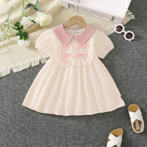 Girls Apricot Textured Bow Embellished Peter Pan Collar Dress Casual Dresses Apricot 2-3 Y