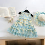 Girls Blue Tie & Dye Print Sleeveless Tiered Dress