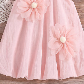 Girls Light Pink Floral Applique Flutter Sleeve Balloon Dress Casual Dresses