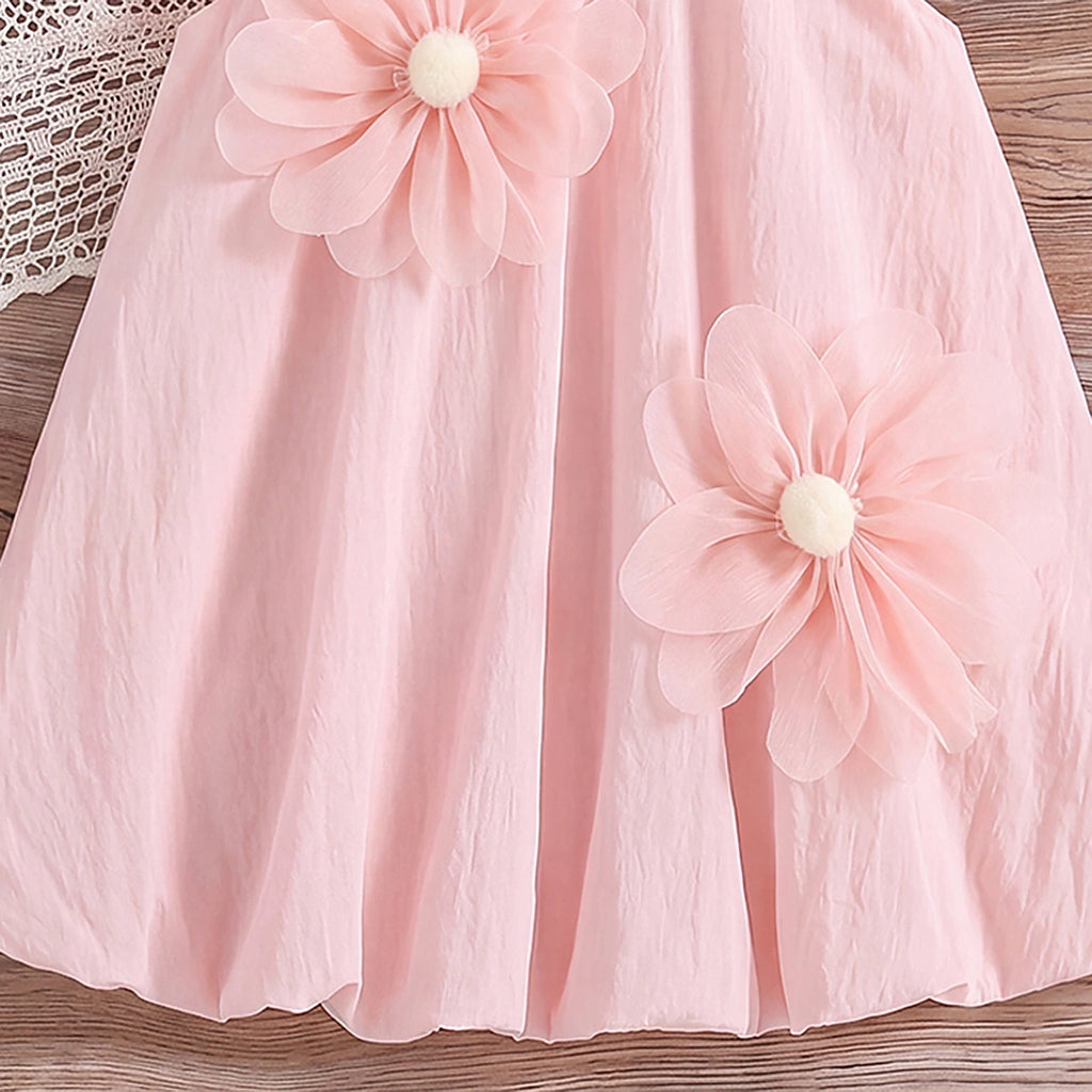 Girls Light Pink Floral Applique Flutter Sleeve Balloon Dress Casual Dresses