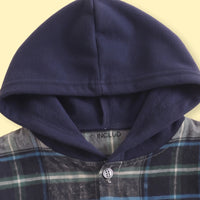 Boys Navy Blue Checked Long Sleeve Hooded Shirt Shirts