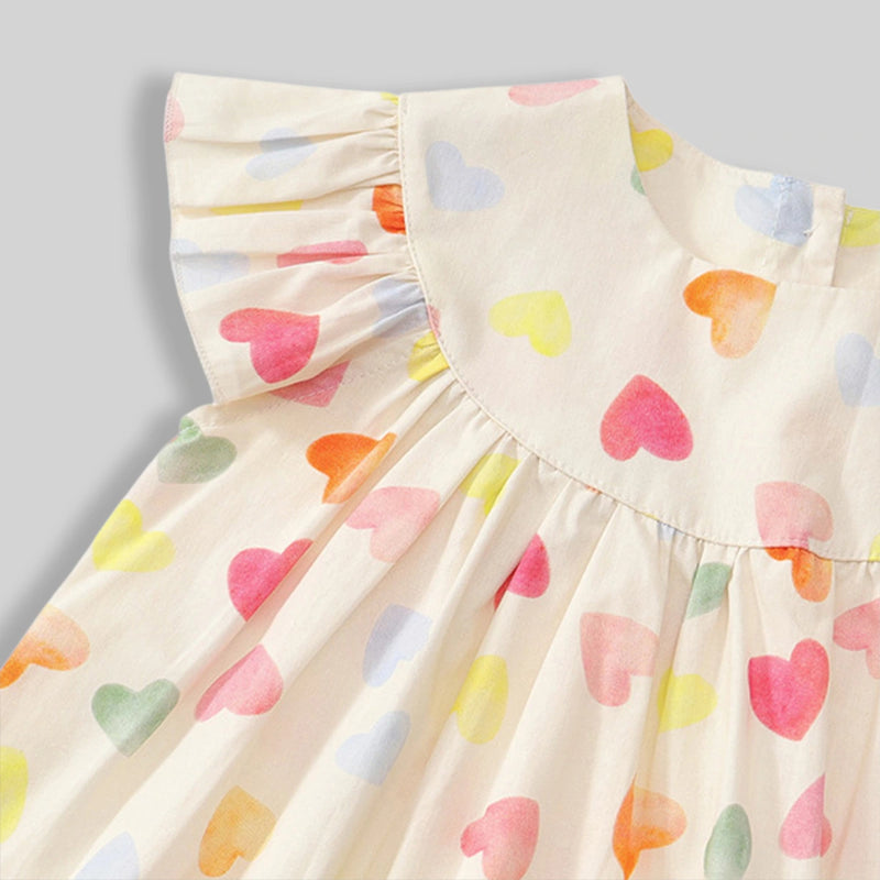 Girls Apricot Heart Printed Flutter Sleeve A-Line Dress Casual Dresses