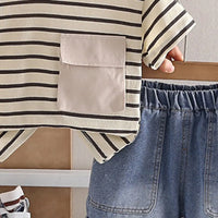 Boys Beige Striped T-Shirt With Pocket & Denim Shorts Sets Sets