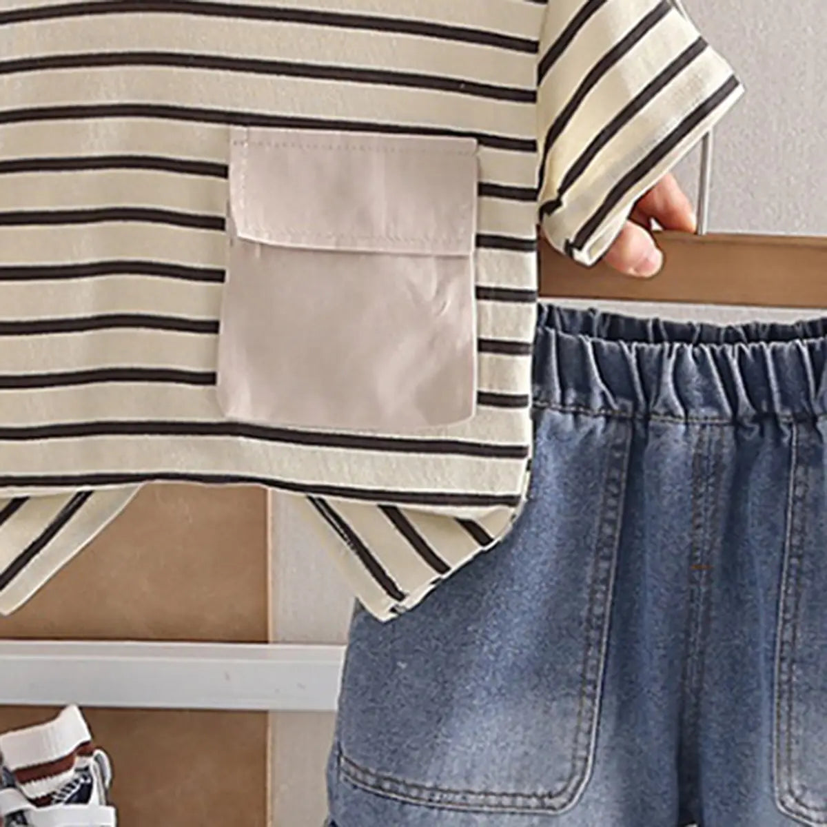 Boys Beige Striped T-Shirt With Pocket & Denim Shorts Sets Sets