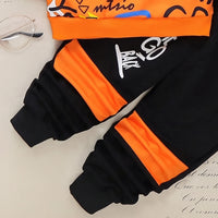 Boys orange typographic long sleeve sweatshirt and black joggers set