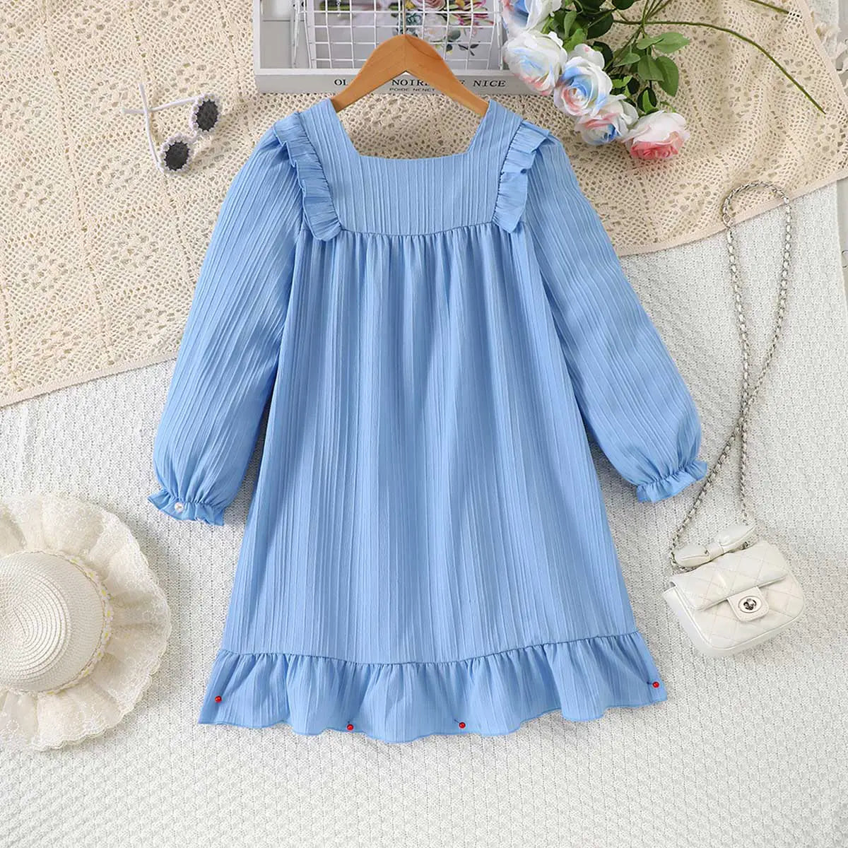Girls Light Blue Textured Ruffled Long Sleeve Dress with Floral Appliques Casual Dresses