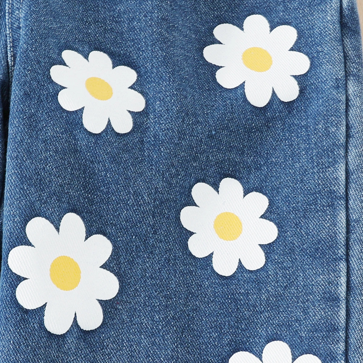 Girls White Graphics Top With Daisy Printed Denim Pants Set Sets