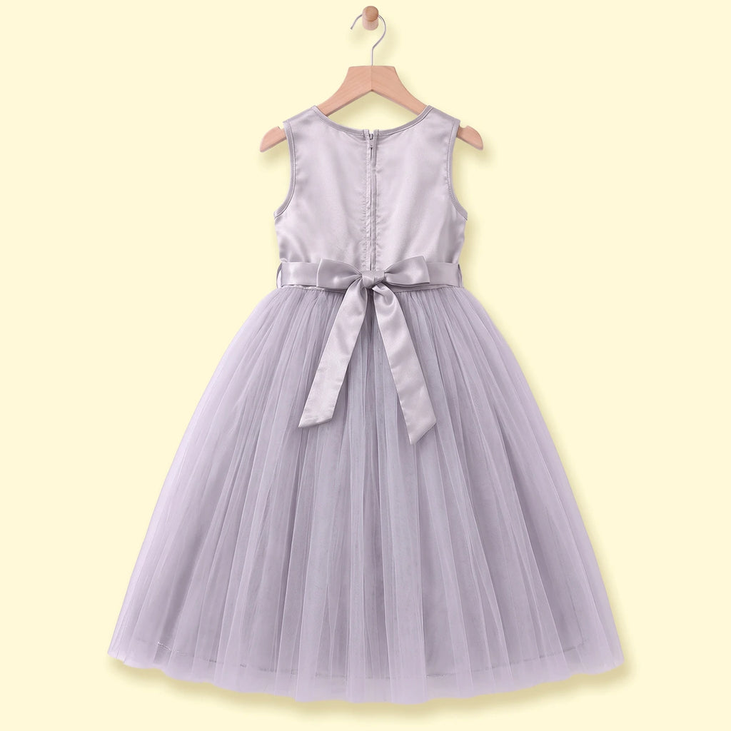 Girls Grey Floral Applique Fit & Flare Party Dress Party Dresses