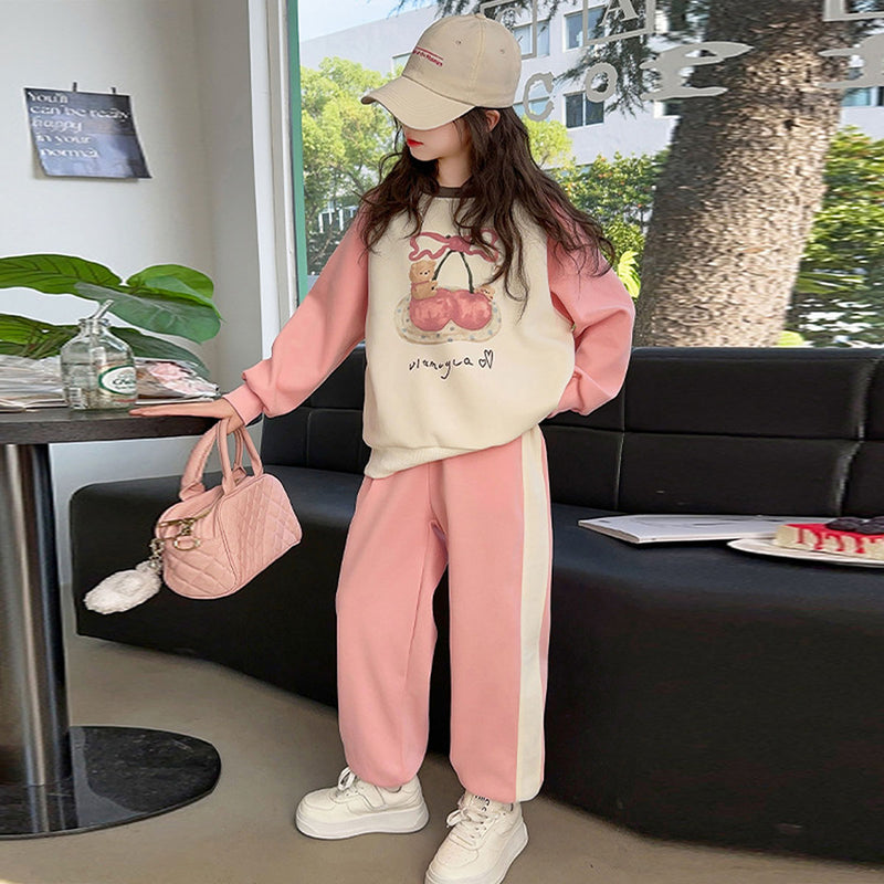 Girls Pink Graphics Printed Raglan Sweatshirt With Elasticated Joggers Sets 2 pc. Sets