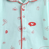 Girls Sky Blue Typographic Printed Short Sleeve Shirt With Printed Pyjama Sets Sets