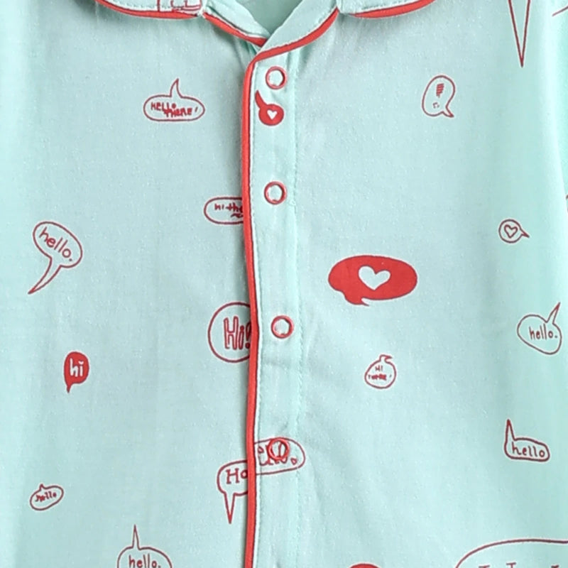 Girls Sky Blue Typographic Printed Short Sleeve Shirt With Printed Pyjama Sets Sets