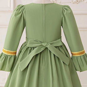 Girls Green Long Sleeves Maxi Dress With Golden Elegant Embroidery Casual Dresses