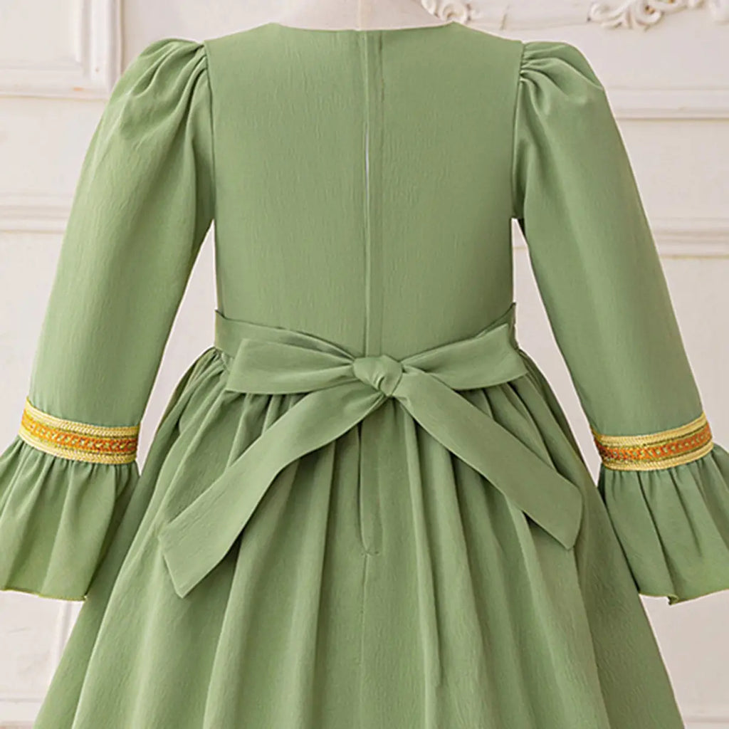 Girls Green Long Sleeves Maxi Dress With Golden Elegant Embroidery Casual Dresses
