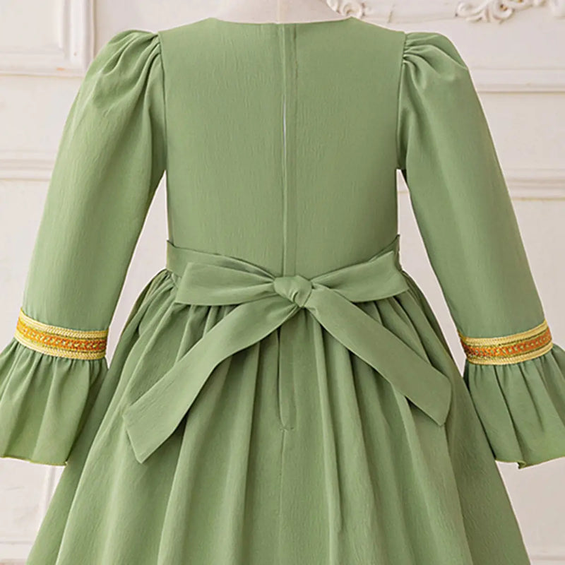 Girls Green Long Sleeves Maxi Dress With Golden Elegant Embroidery Casual Dresses