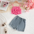 Girls Fuchsia Embellished Big 3D Flower Crop Top With Denim Shorts Set Sets Fuchsia 2-3 Y