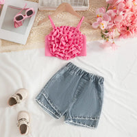 Girls Fuchsia Embellished Big 3D Flower Crop Top With Denim Shorts Set Sets Fuchsia 2-3 Y