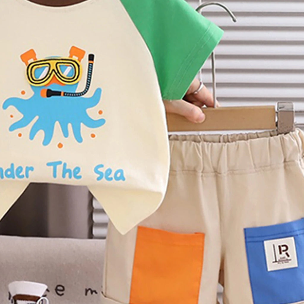 Boys Green Octopus Graphic Raglan Sleeve T-Shirt With Elasticated Shorts Sets 2 pc. Sets