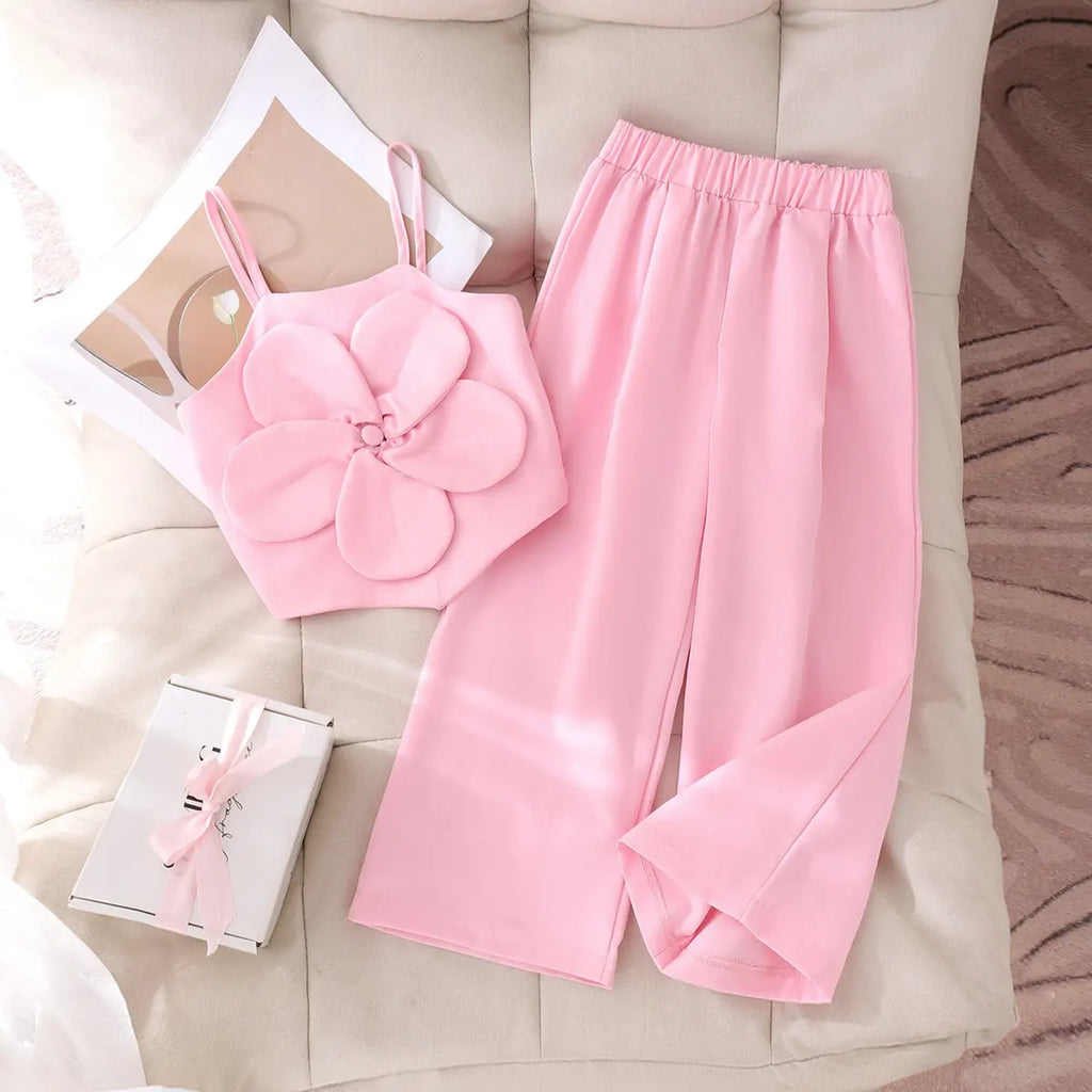 Girls Light Pink Flower Applique Sleeveless Top With Pants Sets 2 pc. Sets Light Pink 2-3 Y