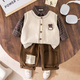 Boys Off White Sleeveless Cardigan With Checked Shirt & Pants Set