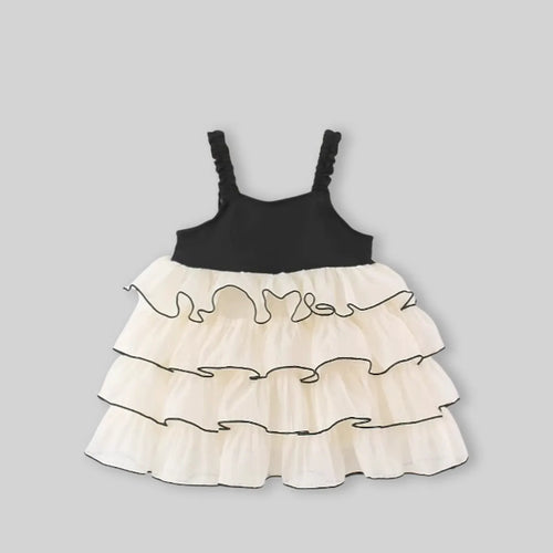 Girls Apricot Flower Applique Multilayer Tiered Fit & Flare Dress Casual Dresses