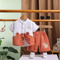 Boys Orange Embroidered Short Sleeve Shirt With Elasticated Shorts Sets 2 pc. Sets Orange 0-3 M