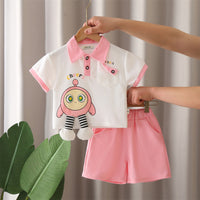 Boys Pink Cartoon Printed Applique Short Sleeves Polo T-Shirt With Shorts Set 2 pc. Sets Pink 1-2 Y