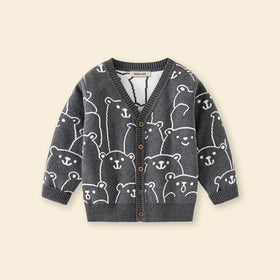 Boys Dark Grey Self-Design Button Down Cardigan Sweaters & Cardigans