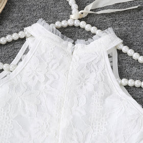 Girls White Halter Neck Embroidered Fabric Dress Casual Dresses
