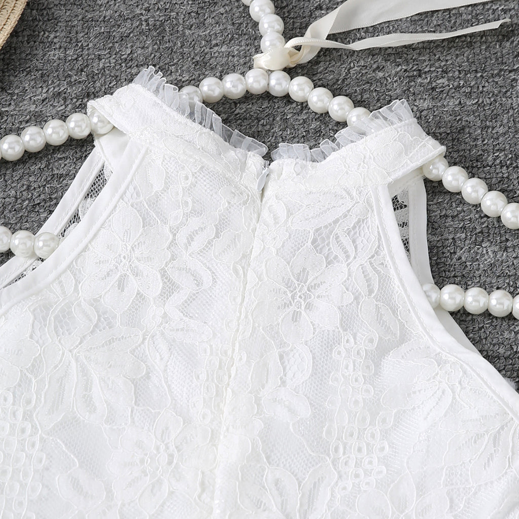 Girls White Halter Neck Embroidered Fabric Dress Casual Dresses