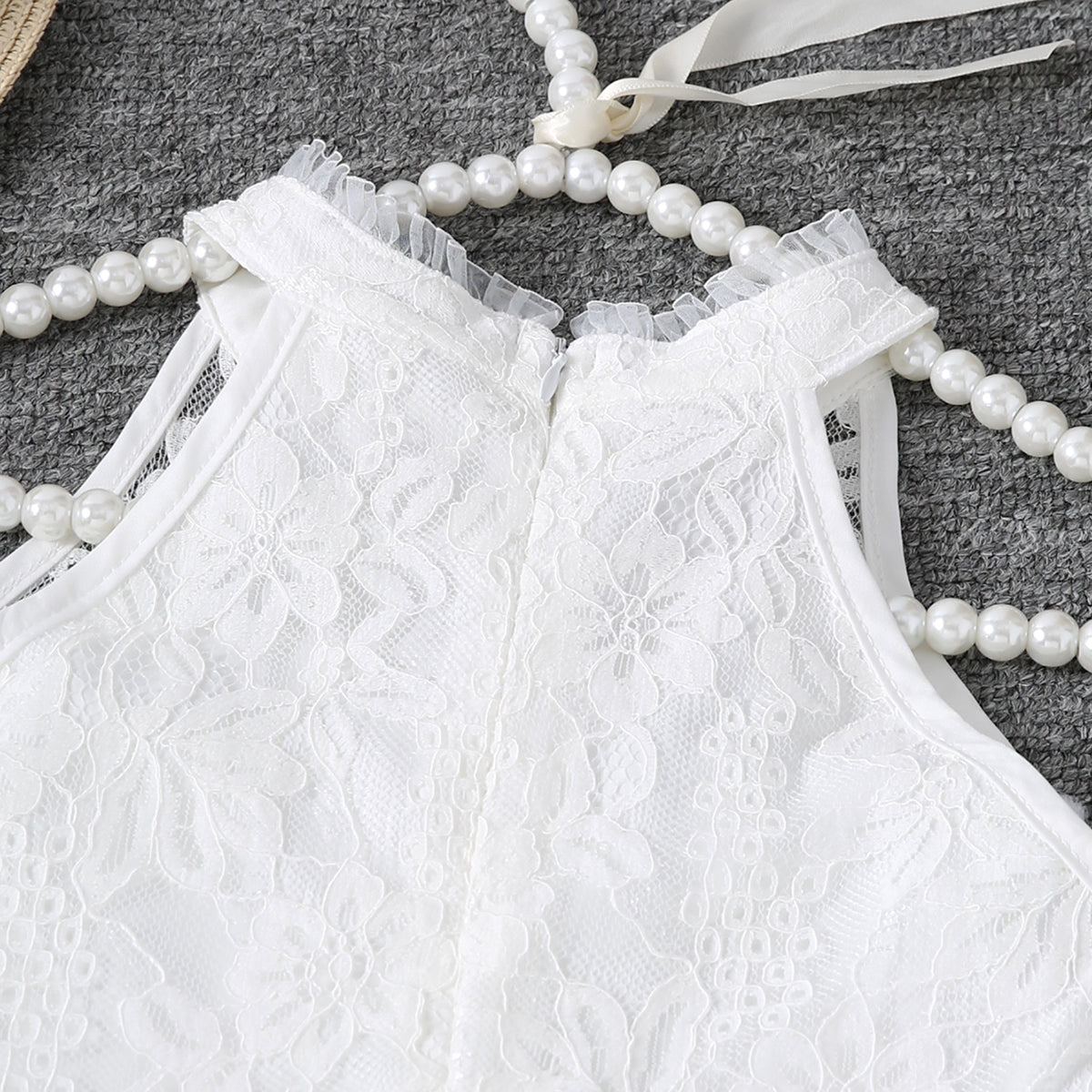 Girls White Halter Neck Embroidered Fabric Dress Casual Dresses