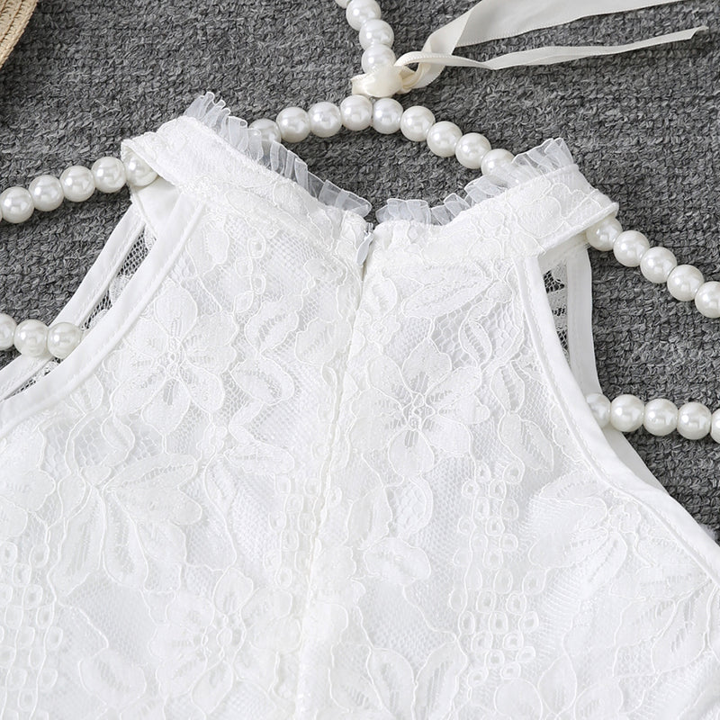 Girls White Halter Neck Embroidered Fabric Dress Casual Dresses