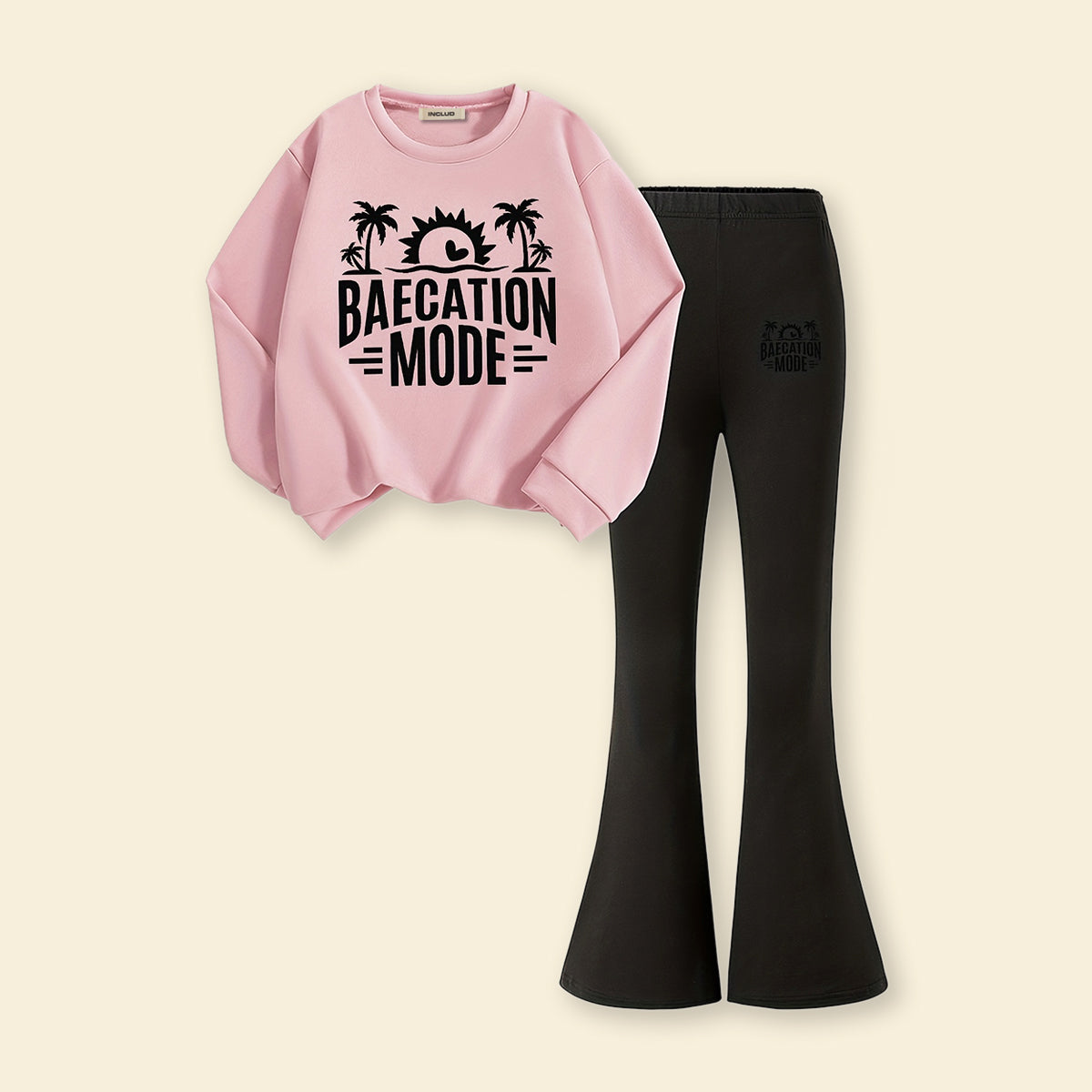 Girls Light Pink Typographic Printed Sweatshirt With Flared Pants Sets 2 pc. Sets Light Pink 7-8 Y