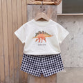 Boys White Dinosaur Print Short Sleeve T-Shirt With Checked Shorts Sets 2 pc. Sets White 1-2 Y
