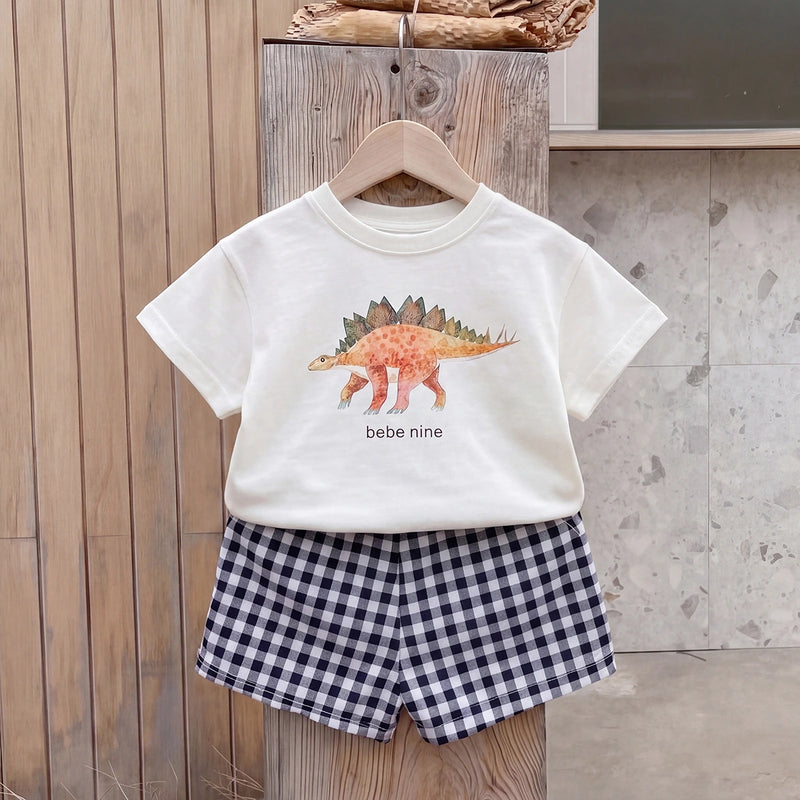 Boys White Dinosaur Print Short Sleeve T-Shirt With Checked Shorts Sets 2 pc. Sets White 1-2 Y