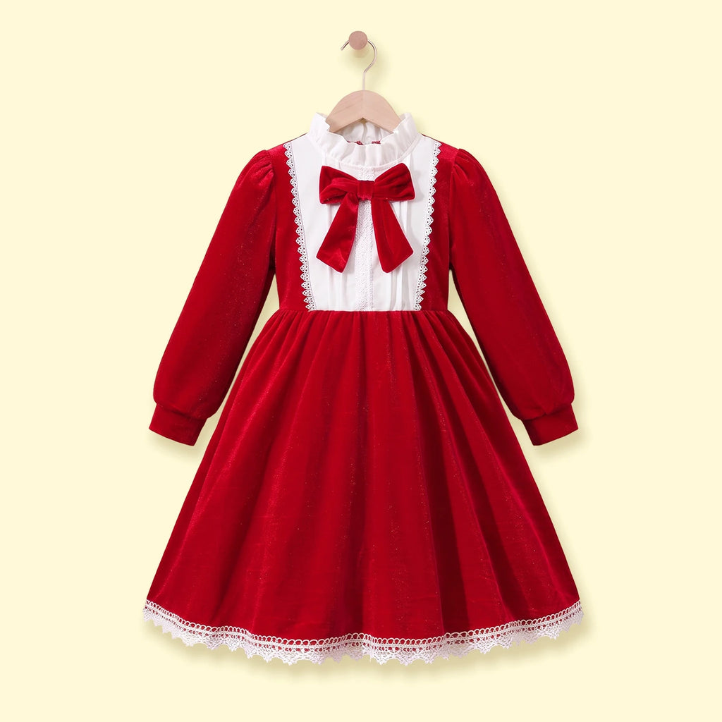 Girls Red Bow Applique Long Sleeve Fit & Flare Dress Casual Dresses Red 2-3 Y