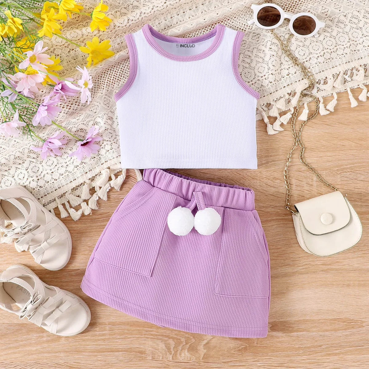 Girls Textured Sleeveless Top With Purple Skirt Sets 2 pc. Sets Purple 1-2 Y