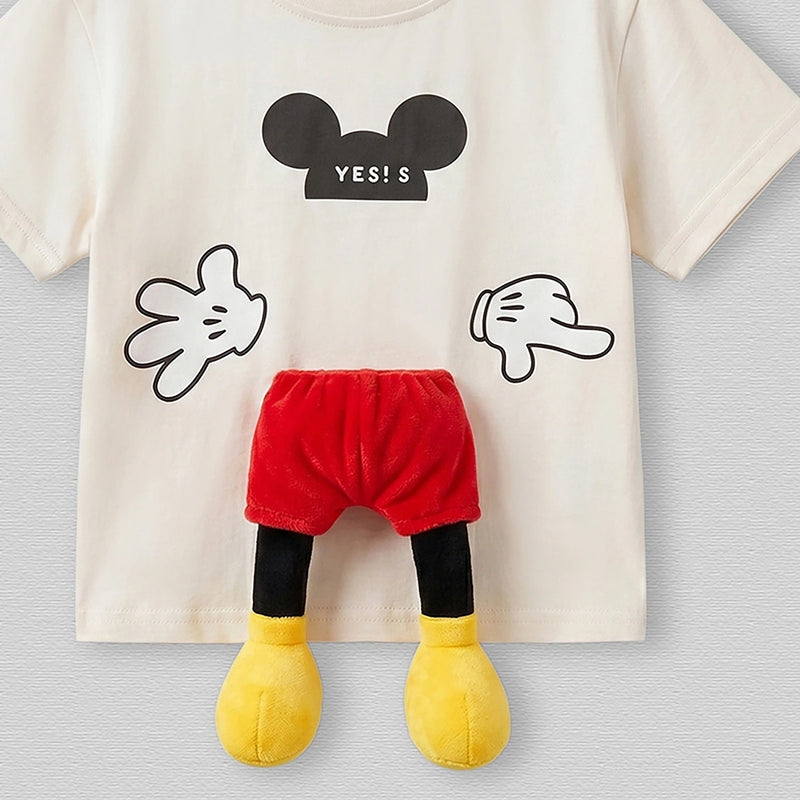 Boys Cream Mickey Mouse Applique Short Sleeve T-Shirt Tshirts