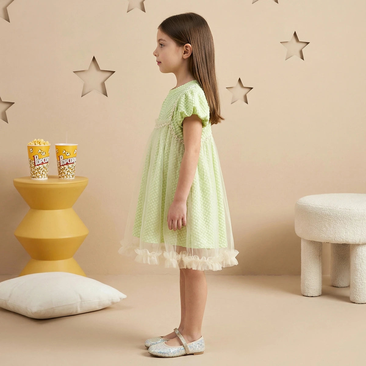 Girls Green Self Design T-Shirt Dress & Overlay Tulle Pinafore Dress Casual Dresses