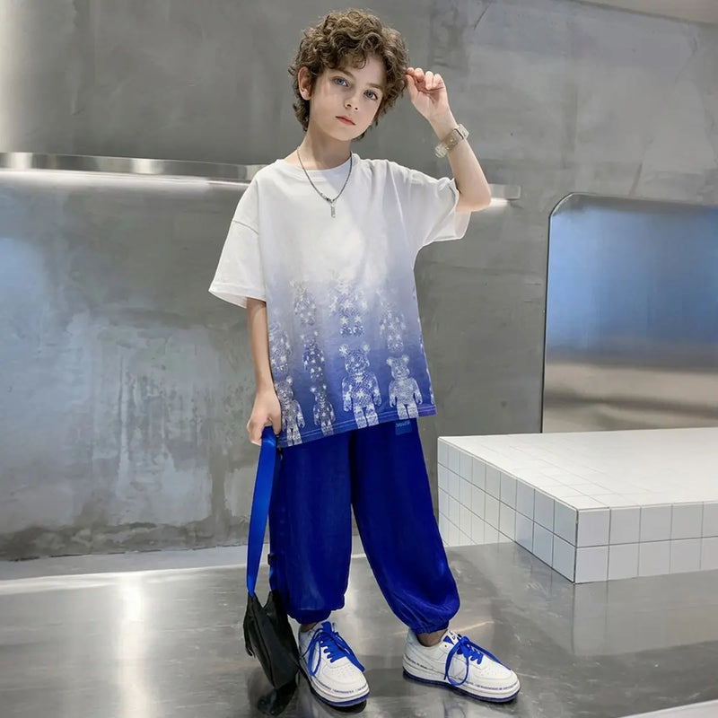 Boys Blue Bear Print Drop Shoulder T-Shirt With Jogger Sets Sets Blue 5-6 Y