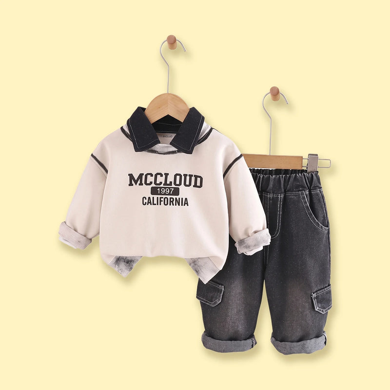 Boys Apricot Typographic Polo Sweatshirt & Denim Pants Sets Sets Apricot 1-2 Y
