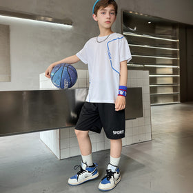 Boys White Typographic Sports Printed Summer T-Shirt With Shorts Set 2 pc. Sets White 5-6 Y